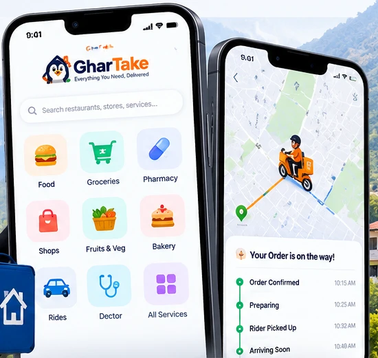 GharTake app home screen and live order tracking